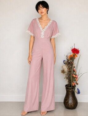 Vintage 70's Victorian Style Dusty Rose Jumpsuit | Feminine Ruffle Wide-Leg